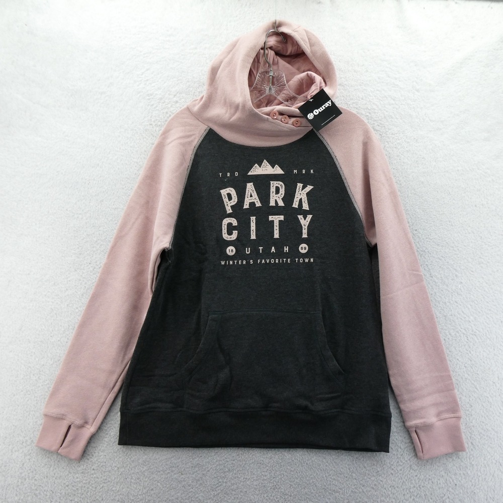 Ouray Hoodie Women Medium Park City Utah Pink Charcoal Raglan Button Cowl Neck